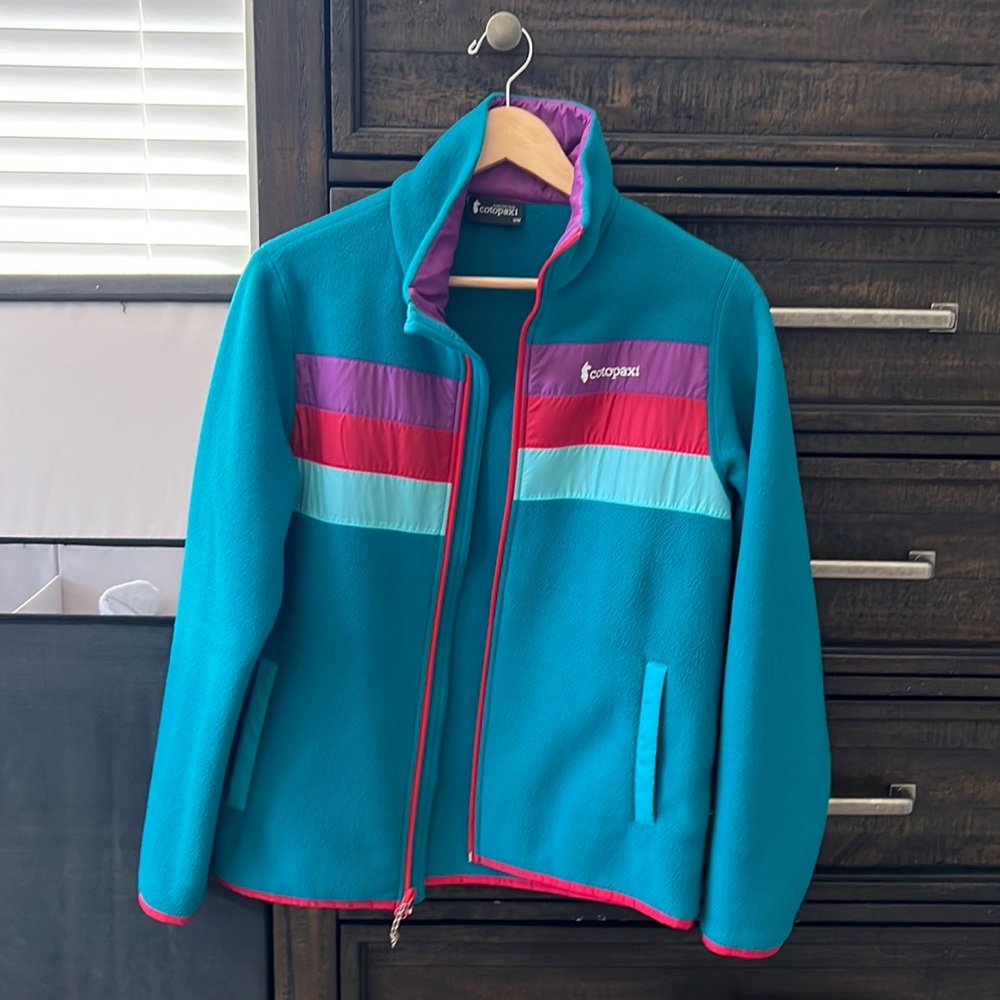 Worn ONCE! Cotopaxi Teal green fleece with purple lining and red trim detail. M